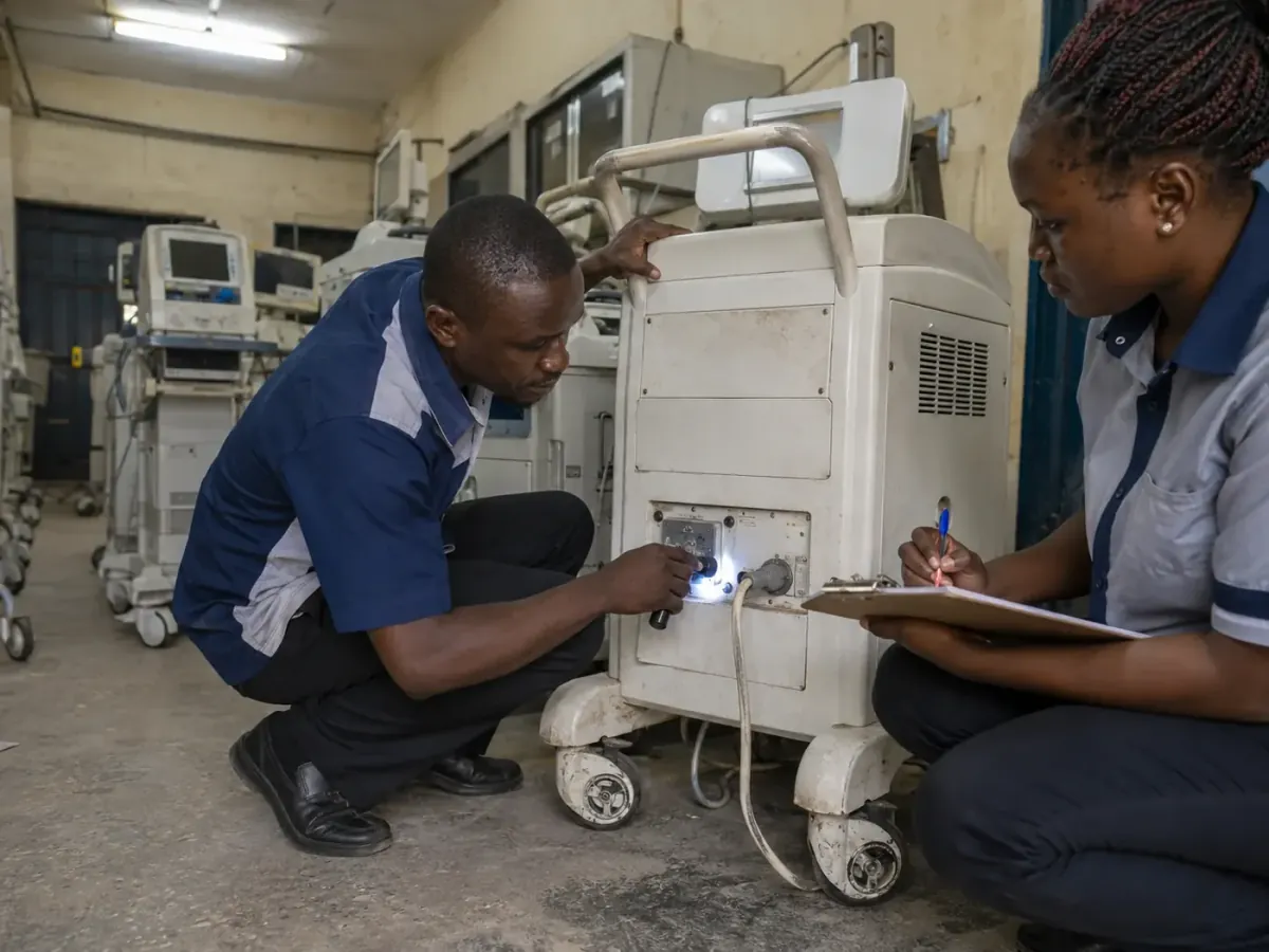 Biomedical engineer inspecting medical equipment in a hospital department