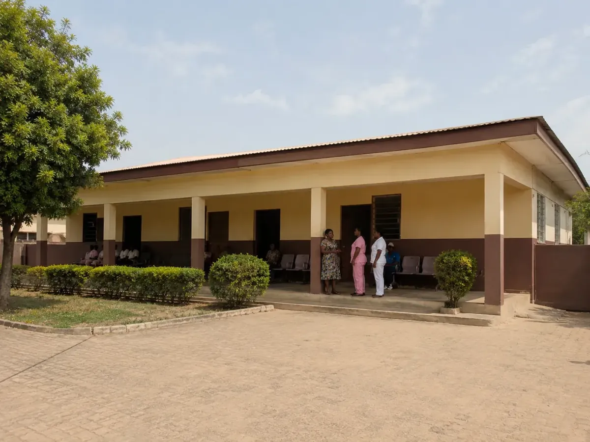 The exterior of Ikosi Ketu Primary Healthcare Centre, showing the covered waiting veranda and forecourt
