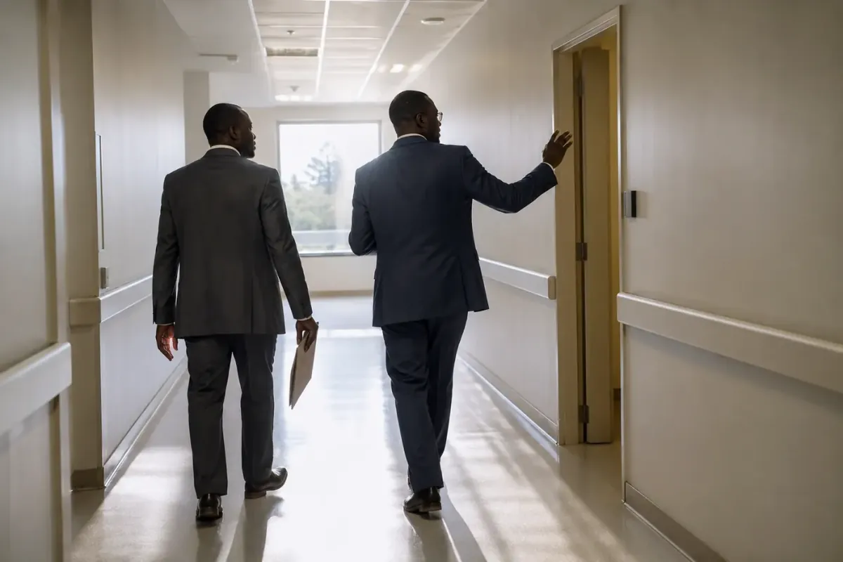 Consultants walking through a hospital during an operational assessment