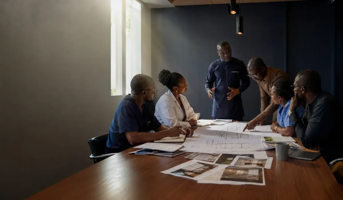 Healthcare leaders and Zendale consultants reviewing facility plans during a planning session