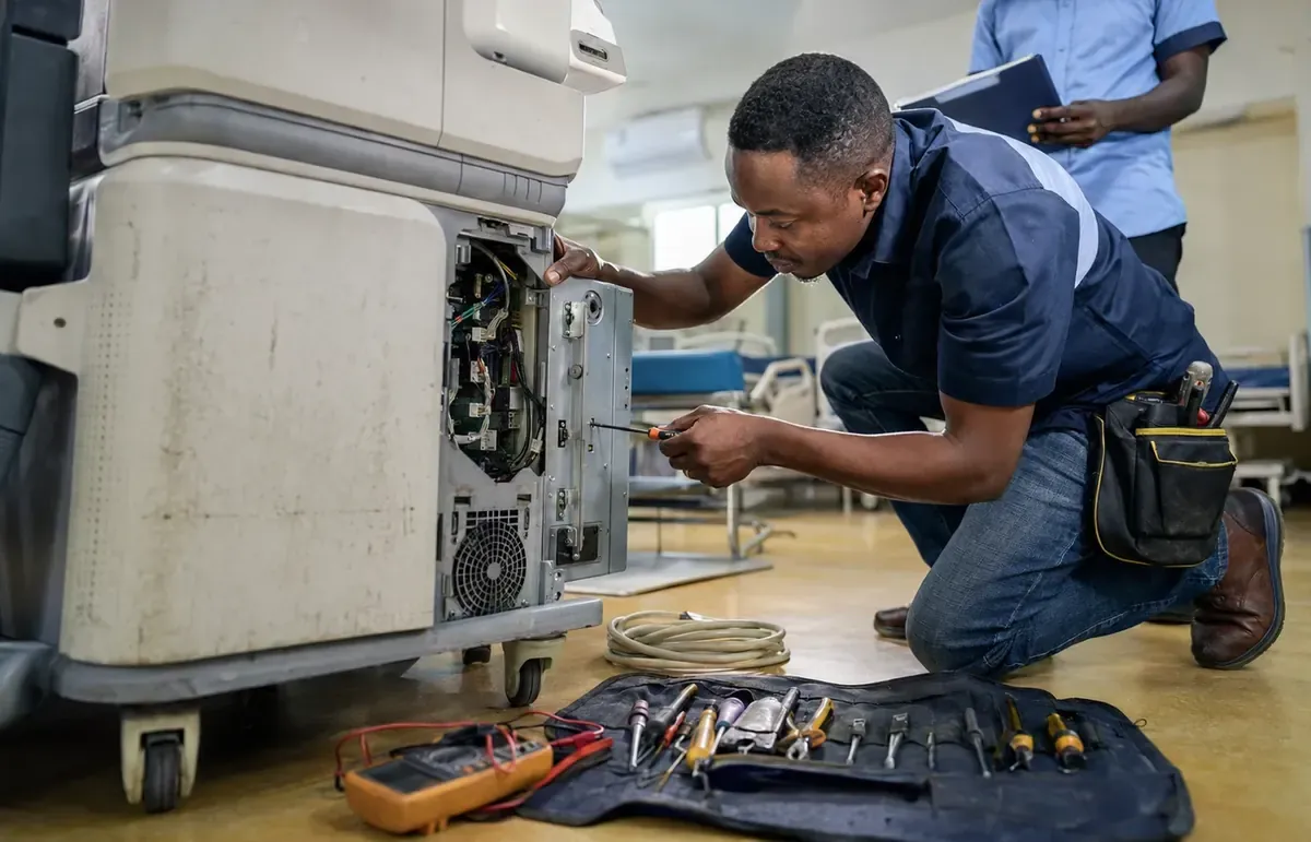 Biomedical engineer inspecting medical equipment in a hospital department