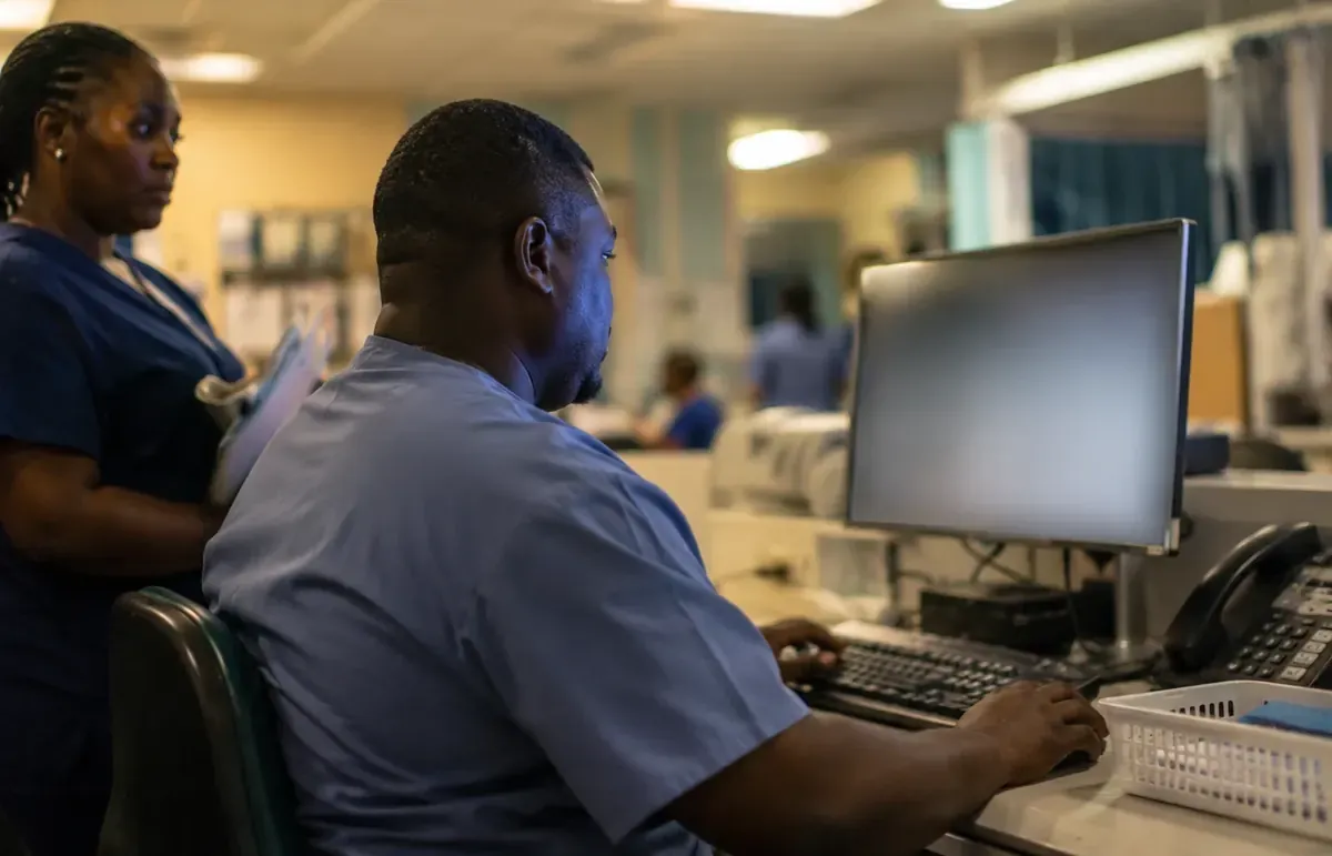Clinician using a hospital information system at a ward workstation