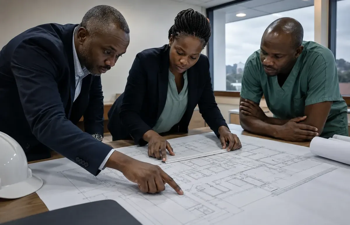 Healthcare professionals reviewing hospital floor plans during facility planning