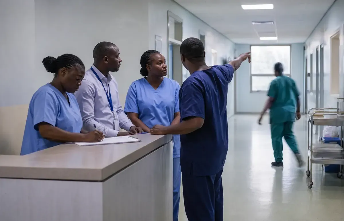 Hospital staff coordinating patient flow at a nurses' station